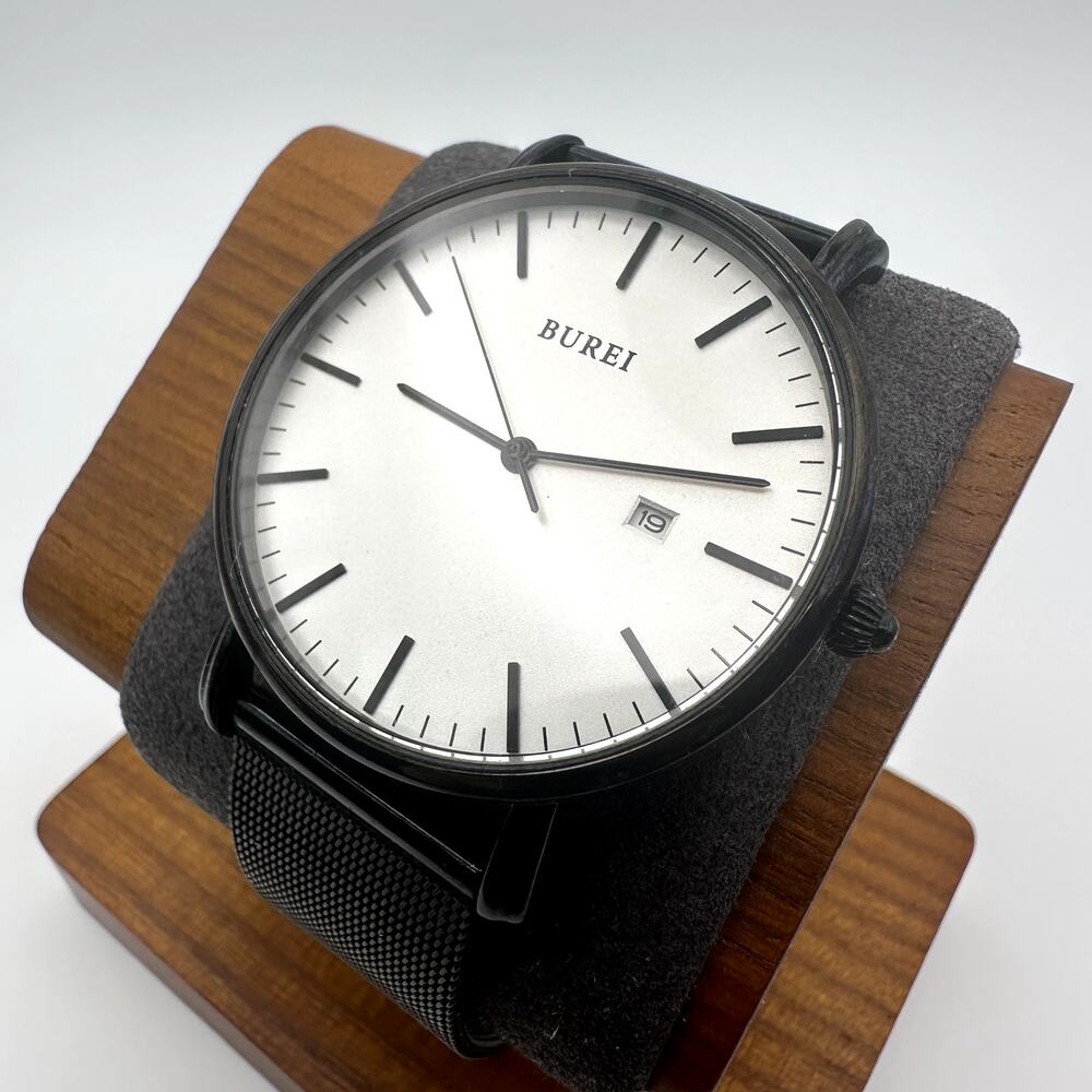 BUREI Black Mesh Bracelet Watch Silver Dial Date Window Quartz S-19003M